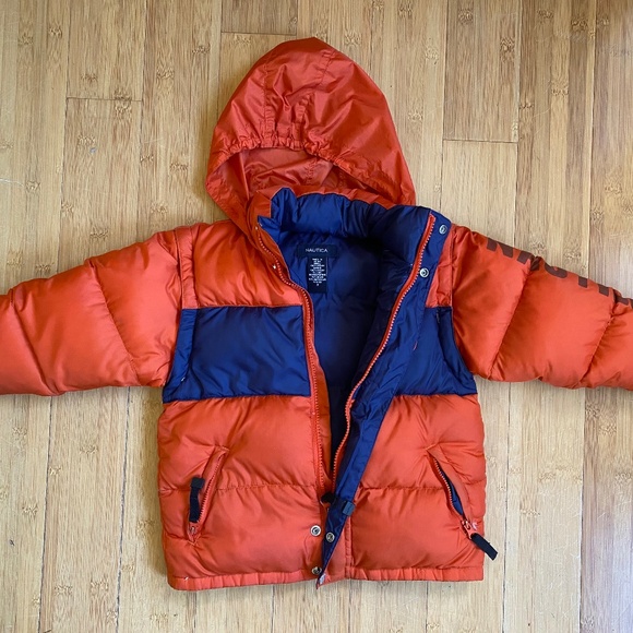 Nautica Puffer Down Jacket Vest Winter Coat Hooded kids size 3 Orange Navy - Picture 1 of 14
